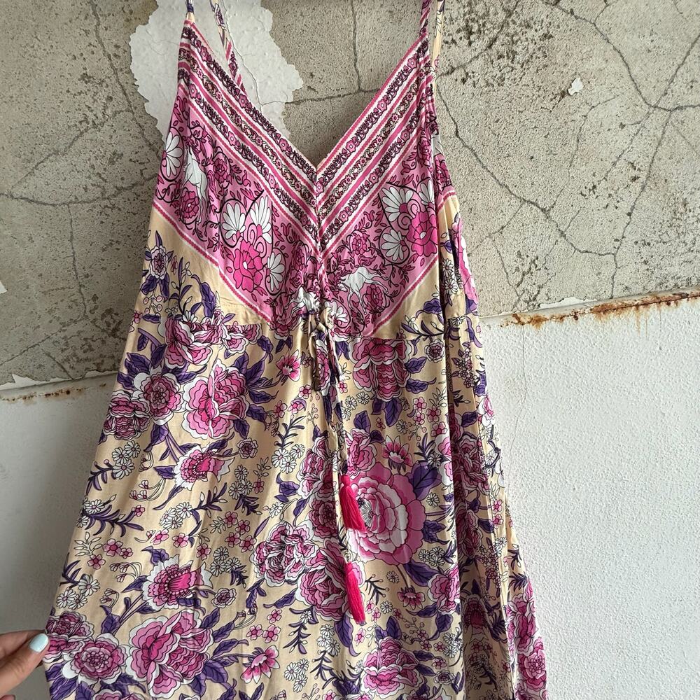 Boho Floral Maxi Dress Tassel Tie Rusttydustty Cream Pink Slip Style L NWT